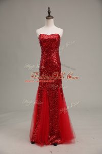 Best Selling Red Tulle and Sequined Zipper Sweetheart Sleeveless Floor Length Prom Dresses Sequins
