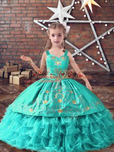 Turquoise Lace Up Straps Embroidery and Ruffled Layers Little Girl Pageant Gowns Satin and Organza Sleeveless