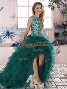 High Low A-line Sleeveless Dark Green Prom Dresses Lace Up