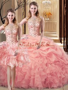 Peach Scoop Neckline Beading and Ruffles Sweet 16 Dresses Sleeveless Lace Up