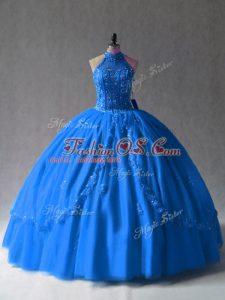 Admirable Tulle Halter Top Sleeveless Side Zipper Beading and Appliques Quinceanera Dresses in Royal Blue