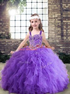 Ball Gowns Little Girls Pageant Dress Wholesale Lavender and Purple Straps Tulle Sleeveless Floor Length Lace Up