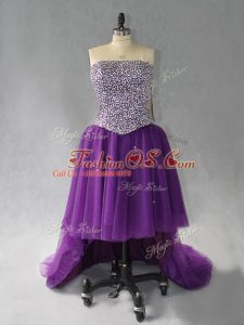 Fashionable Purple Sleeveless High Low Beading Lace Up