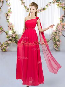 Sleeveless Lace Up Floor Length Beading and Hand Made Flower Bridesmaid Dress