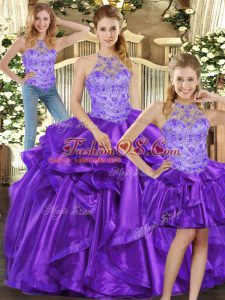 Halter Top Sleeveless Lace Up 15 Quinceanera Dress Purple Organza