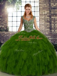 Olive Green Quinceanera Gowns Military Ball and Sweet 16 and Quinceanera with Beading and Ruffles Straps Sleeveless Lace Up