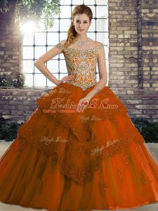 Rust Red Off The Shoulder Lace Up Beading and Lace Vestidos de Quinceanera Brush Train Sleeveless