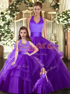 Clearance Purple Tulle Lace Up Sweet 16 Quinceanera Dress Sleeveless Floor Length Ruching