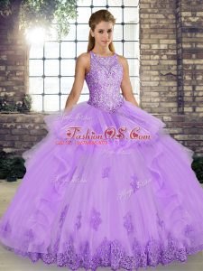 Fancy Lavender Ball Gowns Tulle Scoop Sleeveless Lace and Embroidery and Ruffles Floor Length Lace Up Quinceanera Dresses