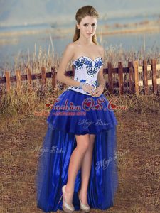 Glorious Royal Blue Tulle Lace Up Sweetheart Sleeveless High Low Prom Evening Gown Embroidery