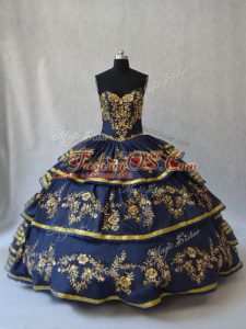 Floor Length Navy Blue Sweet 16 Quinceanera Dress Organza Sleeveless Embroidery and Ruffled Layers