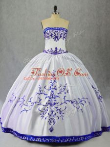 Blue And White Sleeveless Floor Length Embroidery Lace Up 15th Birthday Dress