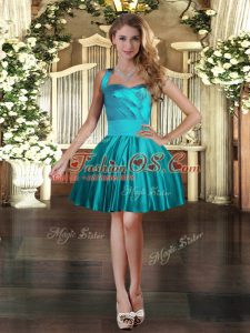 Dramatic Satin Halter Top Sleeveless Lace Up Ruching Womens Party Dresses in Teal