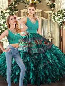 Chic Sleeveless Backless Floor Length Appliques and Ruffles 15th Birthday Dress