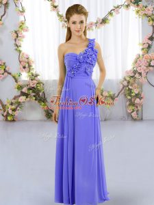 Lavender Empire One Shoulder Sleeveless Chiffon Floor Length Lace Up Hand Made Flower Dama Dress for Quinceanera