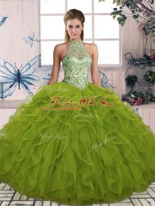 Admirable Floor Length Ball Gowns Sleeveless Olive Green Quince Ball Gowns Lace Up