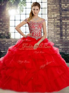 Flirting Lace Up Quinceanera Dress Red for Military Ball and Sweet 16 and Quinceanera with Beading and Pick Ups Brush Train
