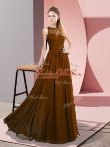 Brown Empire Scoop Sleeveless Chiffon Floor Length Zipper Lace Dress for Prom