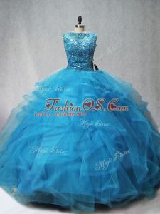 Best Selling Scoop Sleeveless Tulle 15th Birthday Dress Beading and Ruffles Brush Train Lace Up