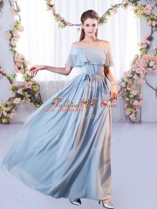 Beautiful Empire Quinceanera Court of Honor Dress Grey Off The Shoulder Chiffon Short Sleeves Floor Length Lace Up