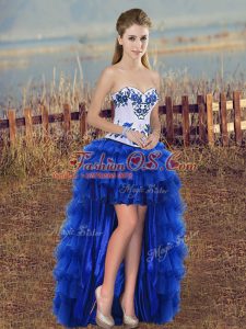 Adorable Royal Blue Lace Up Homecoming Dress Embroidery and Ruffled Layers Sleeveless High Low