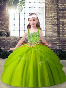 Inexpensive Straps Sleeveless Little Girls Pageant Dress Wholesale Floor Length Beading and Pick Ups Green Tulle