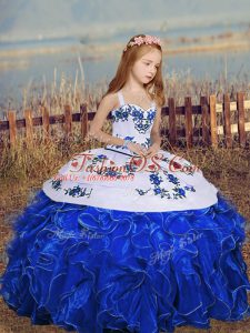 Sleeveless Organza Floor Length Lace Up Kids Formal Wear in Royal Blue with Embroidery and Ruffles