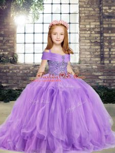 Sweet Straps Sleeveless Kids Pageant Dress Floor Length Beading Lavender Tulle