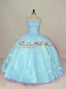 Custom Design Aqua Blue Tulle Lace Up 15 Quinceanera Dress Sleeveless Floor Length Beading and Hand Made Flower