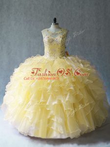 Latest Floor Length Yellow Sweet 16 Dress Scoop Sleeveless Lace Up
