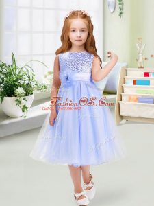Most Popular Sleeveless Tea Length Sequins and Hand Made Flower Zipper Flower Girl Dress with Lavender