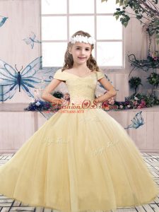 Tulle Sleeveless Floor Length Kids Pageant Dress and Lace and Belt