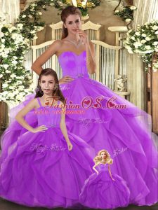 Superior Lilac Sleeveless Floor Length Beading and Ruffles Lace Up Quince Ball Gowns