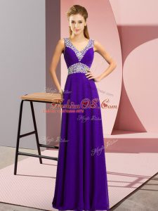 Cheap Floor Length Purple Evening Dress Chiffon Sleeveless Beading