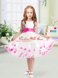 Exceptional Sleeveless Zipper Knee Length Appliques and Belt Toddler Flower Girl Dress