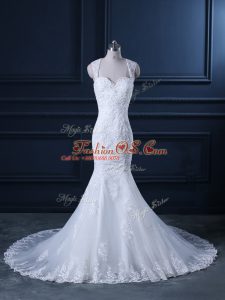 White Backless Bridal Gown Beading and Lace Sleeveless Brush Train