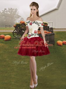 Organza Off The Shoulder Sleeveless Lace Up Embroidery and Ruffled Layers Dress for Prom in Wine Red