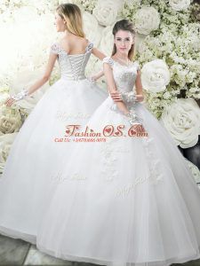Cute White Wedding Dresses Wedding Party with Appliques Scoop Cap Sleeves Lace Up