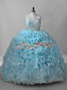 Attractive Sweetheart Sleeveless Brush Train Lace Up Quince Ball Gowns Baby Blue Fabric With Rolling Flowers