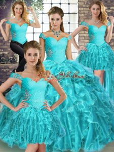 Modest Off The Shoulder Sleeveless Quince Ball Gowns Brush Train Beading and Ruffles Aqua Blue Organza