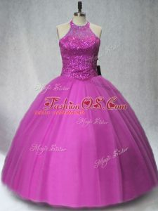 Floor Length Purple Ball Gown Prom Dress Halter Top Sleeveless Lace Up