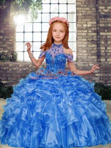 Trendy Blue Ball Gowns High-neck Sleeveless Organza Floor Length Lace Up Beading and Ruffles Little Girl Pageant Dress