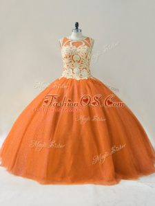 Sumptuous Orange Ball Gowns Tulle Scoop Sleeveless Beading and Appliques Floor Length Lace Up Quinceanera Gowns