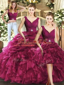 Beautiful V-neck Sleeveless Quinceanera Gowns Floor Length Ruffles and Pick Ups Burgundy Organza