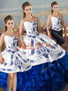 Blue And White Sweetheart Lace Up Embroidery and Ruffles Sweet 16 Dress Sleeveless