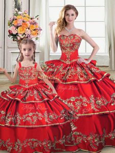Red Ball Gowns Satin and Organza Sweetheart Sleeveless Embroidery and Ruffled Layers Floor Length Lace Up Quinceanera Dresses