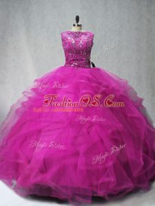 Custom Design Ball Gowns Sleeveless Fuchsia Quinceanera Dress Brush Train Lace Up