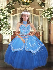 Adorable Sleeveless Tulle Floor Length Lace Up Little Girls Pageant Dress in Blue with Embroidery