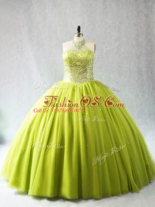 Decent Tulle Halter Top Sleeveless Lace Up Beading Quinceanera Dresses in Yellow Green