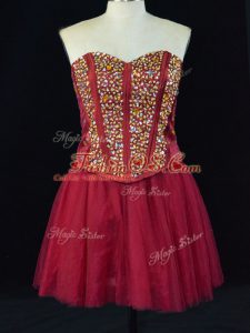 Elegant Wine Red Tulle Lace Up Sweetheart Sleeveless Mini Length Homecoming Dress Beading